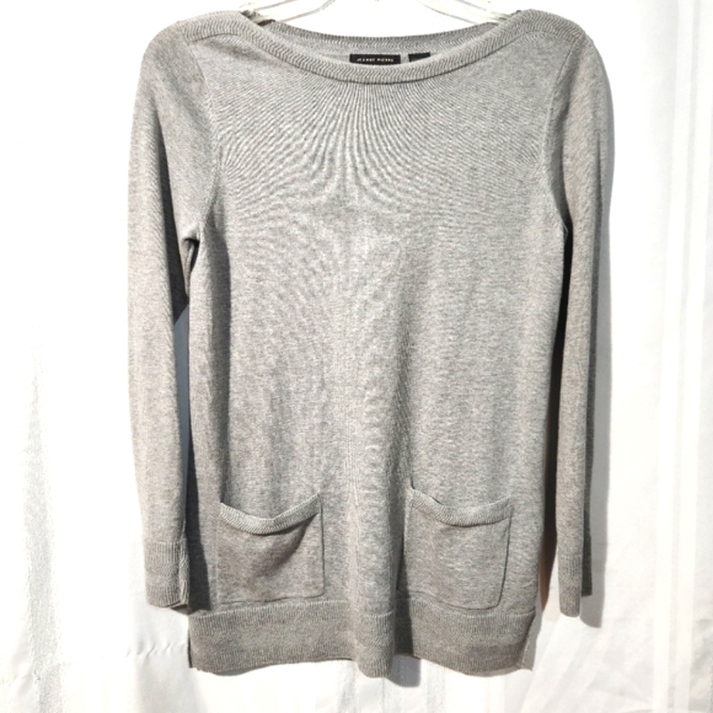 JEANNE PIERRE GRAY PULLOVER SWEATER POCKETS SLIT HEM RIBBED CUFFS SIZE SMALL